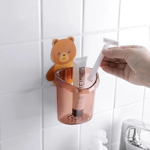 Bear Toothbrush Holder Rack Plastic Bathroom Organizer For Makeup Brush Wall-mounted Kids Toothpaste Toothbrush Storage Box