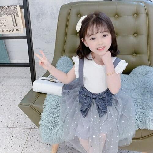 2pcs Girl Clothes Knitted Tops Mesh Suspender Skirt Children Clothing Set 2020 New Fashion Sequins Star Kids Dresses for Girls