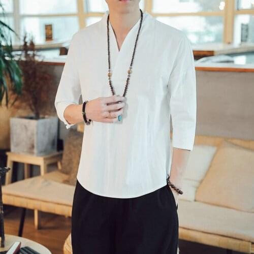 2021 Cotton Linen Mans Shirts Oversize V-Neck Solid Vintage Man Shirts 5 Colors Summer Harajuku Clothing Fashions Streetwear 5XL