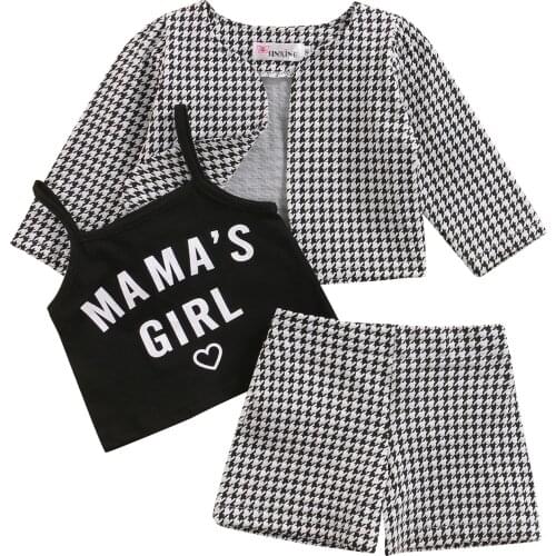 3Pcs Kids Summer Outfit, Girls Letters Strappy Tank Tops + Houndstooth Long Sleeve Coat + Shorts Suit, 2-7 Years