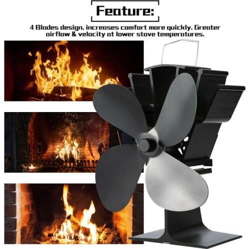 4 Blades Heat Powered Stove Fan Black Fireplace Aluminium Silent Eco-friendly for Wood Log Burner Stoves