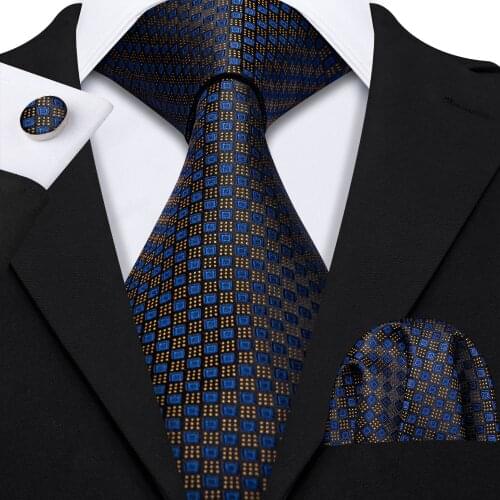 Barry.Wang Gold Blue Novelty Fashion Designers Blue Tie Hanky Box Sets Gifts For Men Wedding Party Business Neckties LS-5132