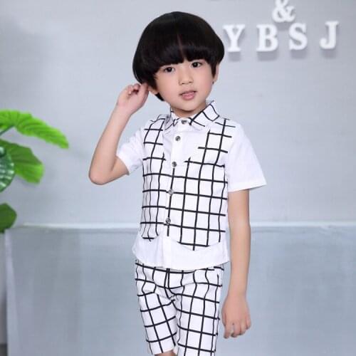 Baby Boy Clothing Set Plaid Fake Vest Shirt Pants 2pcs Gentleman Fashion Kids Outfits Children Costumes Wedding Clothes