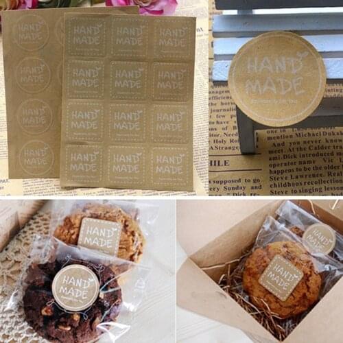 120pcs "HANDMADE" Round Square Stickers Merry Christmas Gift Packing Kraft Paper Label, For Baking Package Box / Bags / Label