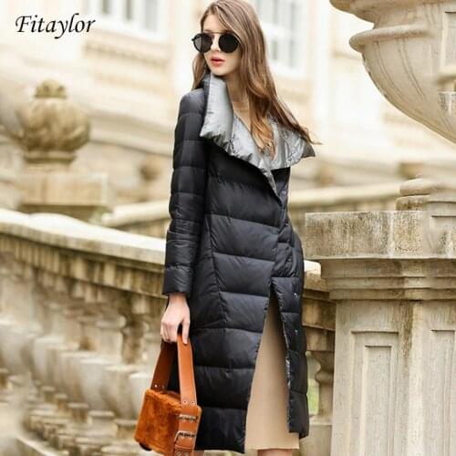 Fitaylor Women Down Jacket Long Coat Winter Warm Double Sided Ultra Light White Duck Down Parka Female Plus Size Snow Outwear