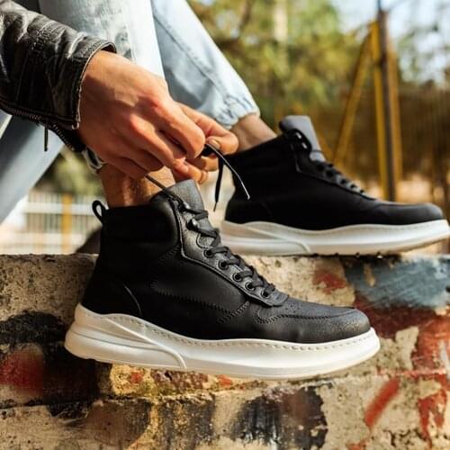 Knack Male Boots High Sole Shoes, Black (White Bottom) Color, Lace-Up, Winter, leather, Non-Original, Casual F-505