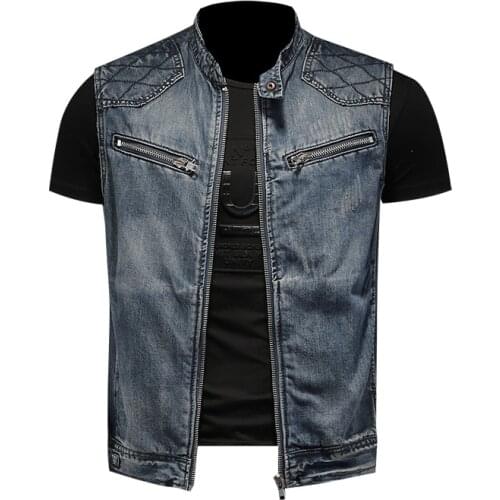 Mens motorcycle denim vest sleeveless jacket with zipper pocket retro blue = punk denim
