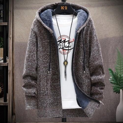 Sweater coat men 2021 winter thickened warm cardigan sweater mens hat collar wool lining zipper fleece coat men