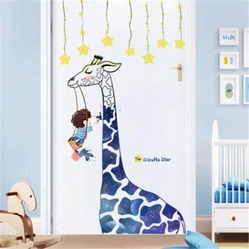 Wall Stickers for Kids Rooms Cartoon Giraffe Door Sticker Bedroom Furniture Waterproof Wallpaper for Bathroom Nursery Decor