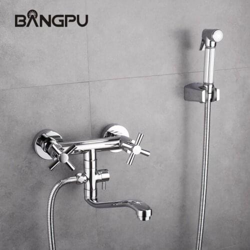 BANGPU Wall Mounted Bidet Sprayer Set Handheld Bidet Shower Sprayer Solid Brass Bathroom Bidet Faucet Double Handle Chrome