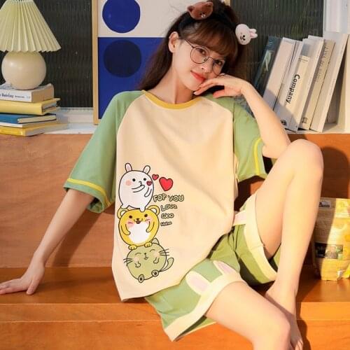 New Womens Cotton Homedress Pajamas Sets Short Sleeve Shorts Girls Lovely Nightgown Round Neck Sleepwear Casual Home Clothing