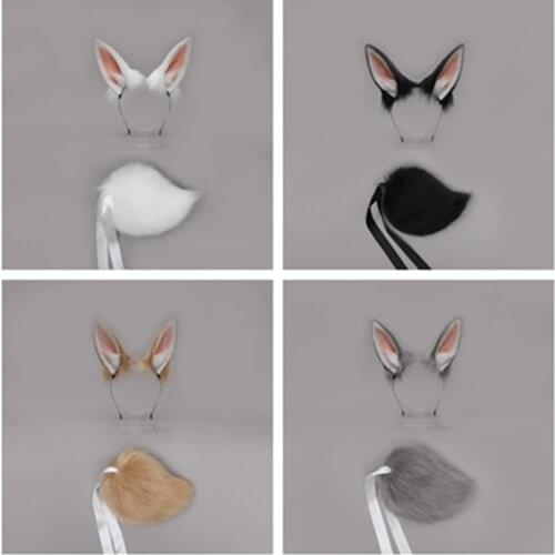 Lolita Plush Hair Hoop Rabbit Ears Headwear Tail Set Furry Hairband Cute Headpiece Anime Fancy Dress Cosplay Accessories