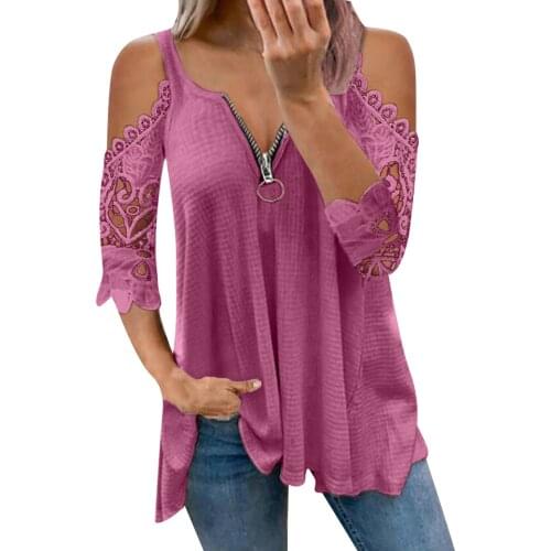 Sexy Summer Half Sleeve Lace Shirt Women Casual Zipper V Neck Loose T Shirt Plus Size Hollow Out Sling Elegant Pullover Tops