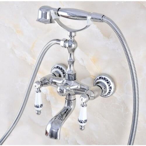 Polished Chrome Brass Double Ceramic Handles Wall Mounted Claw Foot Bathroom Tub Faucet Mixer Tap With Handshower mtf869