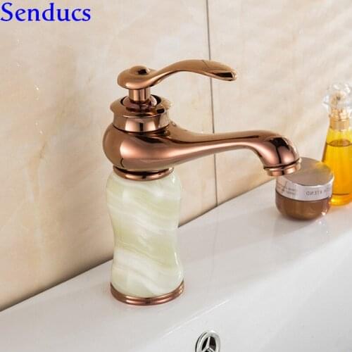 Senducs Rose Gold Jade Bathroom Basin Faucet Deck Mounted Brass Jade Stone Basin Sink Faucet Fashion Rose Gold Bathroom Faucet