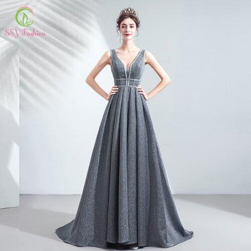 SSYFashion New Banquet Elegant Grey Evening Dress Sexy V-neck Sleeveless Floor-length Long Formal Prom Gown Vestidos De Fiesta