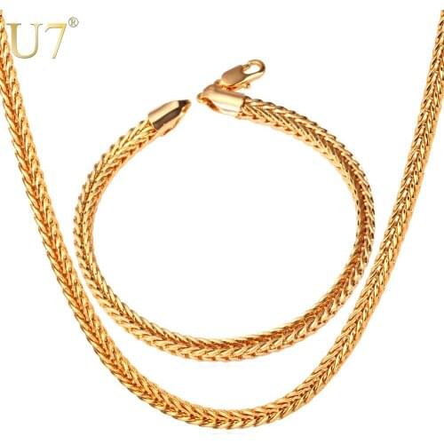 U7 Gold Color Necklace Set Wholesale Jewelry Trendy Foxtail Chain Necklace Bracelet Mens Jewelry Sets S609