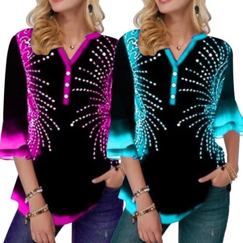 Plus Size Women Floral Print Button V Neck Long Puff Sleeve Loose T-Shirt Blouse Suitable for party travel daily wear