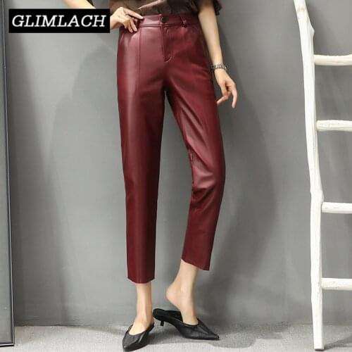 2021 New Wine Red Real Leather Pencil Pants Women Slim Genuine Leather Trousers Female 100% Lambskin Casual Fashion Pants Spring