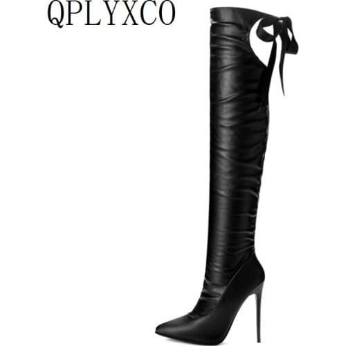 QPLYXCO Leather Shoes Woman Knee high Boots Stiletto High Heels12cm Pump Autumn winter Boots Women Sexy High Riding Boots 8760