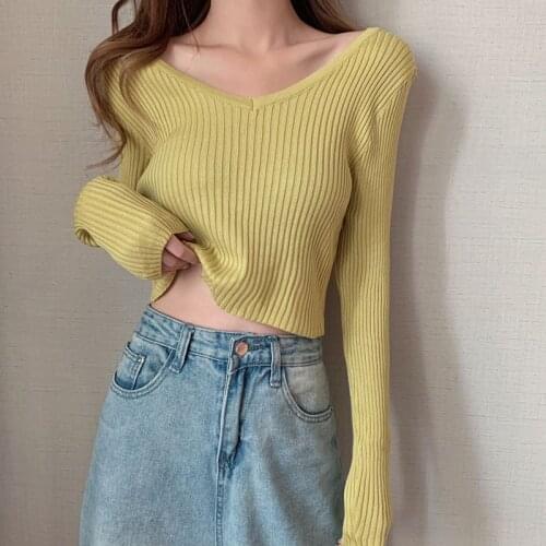 Women Knitted Ribbed Sweaters 6 Colors Cropped V Neck Pullovers Retro Pink White Slim Soft Jumpers Female Korean Tops
