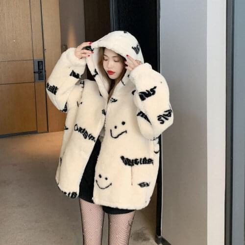 Winter Warm Lamb Velvet Cardigan Jacket Womens Hoodie Fashion Cartoon Printing Harajuku Korean Version Loose Tops Sweatshirt