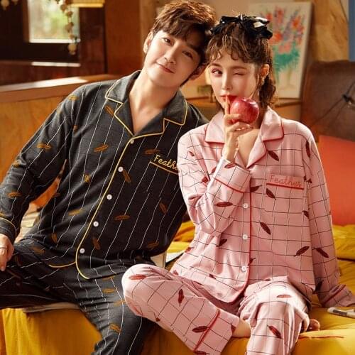 2021 Spring Autumn Couple Long Sleeve Cotton Pajama Sets for Men Korean Print Sleepwear Suit Pyjamas Homewear Women Home Clothes