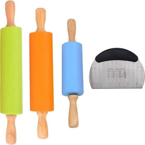 3 Pcs Silicone Rolling Pin Wooden Handle Roller Rotating Non-Stick Dumplings Pressing Stick(with 1Pcs Dough Scraper)
