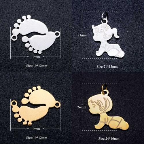 5pcs/lot 316L Stainless Steel Etched Baby Girl Boy Sole DIY Charm Pendant Wholesale OEM Order Accepted AAAA Quality Dropshipping