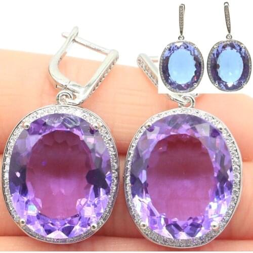 40x21mm Big European Design Created Jewelry Set Color Changing Alexandrite Topaz CZ Womans Party Silver Earrings Pendant