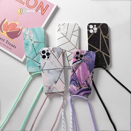 Plating Geometric Marble Case For iPhone 11 12 Pro Mini Max 8 7 6 6s Plus X XR XS SE 2020 Crossbody Lanyard Neck Strap TPU Cover