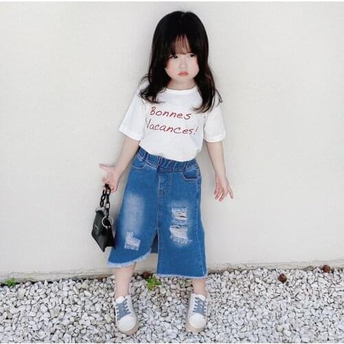 Girls Mid-waist Denim Split Long Skirt with Ripped Holes Toddler Girl Fall Clothes 2021 Purple Skirt