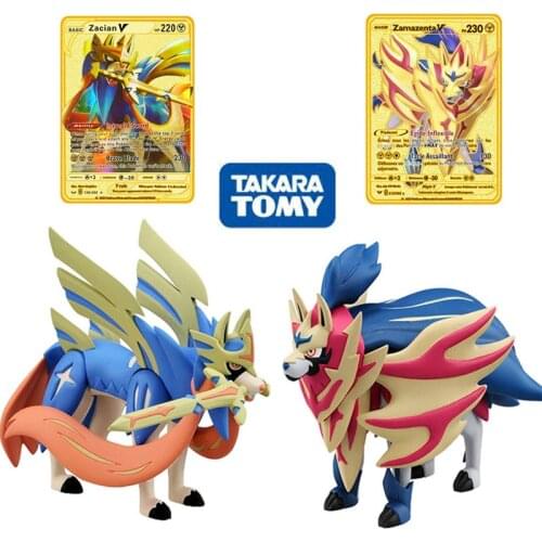Original Takara Tomy 10cm Zacian Zamazenta Figurine Pokemon Figures Sword And Shield Anime Figuras with Metal Card Toys for Boys