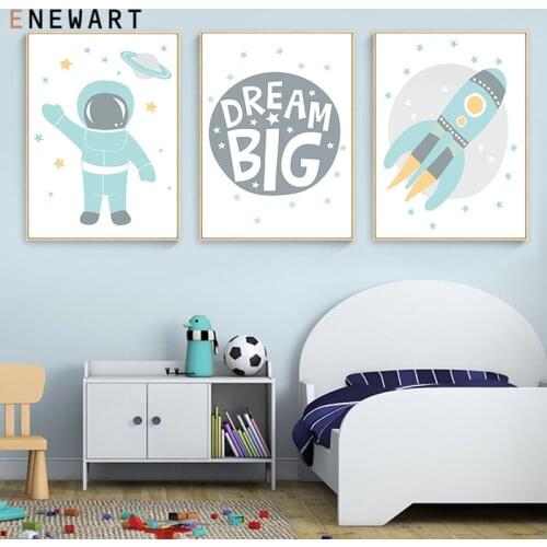 Nursery Canvas Art Child Poster Cartoon Spanceman Decorative Print Rocket Wall Painting Picture Nordic Kid Baby Room Decor