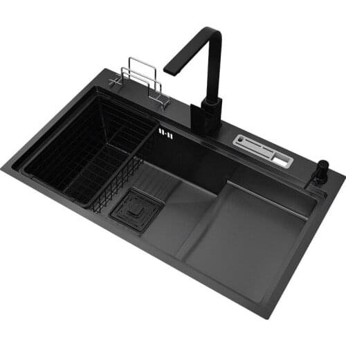 Kitchen Sink Single-slot Black Nano 304 Stainless Steel Hand Sink Large Stepped High and Low Sink 75x45 cm