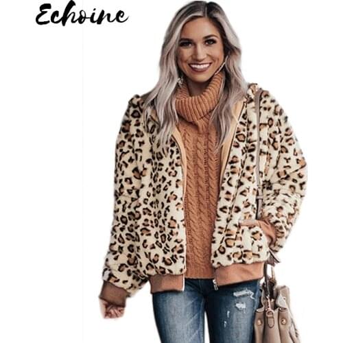 Khaki Cozy Plush Leopard Faux Fur Jacket 2020 Winter New Long Loose Sleeves with Fitted Cuffs Hooded Warm Outerwear Coats S-2XL