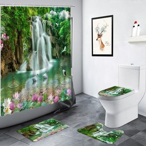 Forest Waterfall Scenery Shower Curtain Pink Flowers Green Plants Swan Landscape Bathroom Decor Non-slip Rug Toilet Bath Mat Set