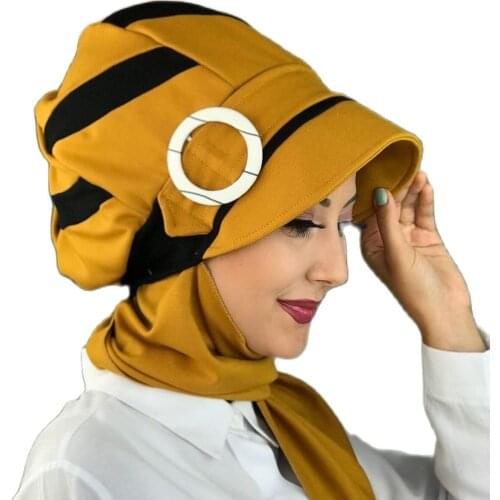 New Islamic Fashion Muslim Hijab Lady 2021 Trend Single Size Bathing Cap Beret Ready Shawl Scarf Buckle Honey Color Hijab Hat