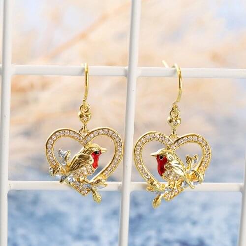 Charm Cute Enamel Birds Drop Earrings Romantic Heart Creative Flower Retro High Grade Jewelry For Women Wedding Anniversary Gift