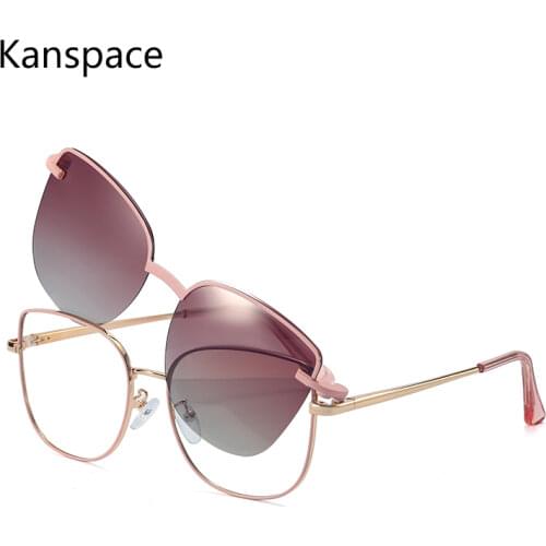 Kanspace 2 In 1 Magnetic Clip on Polarized Sunglasses Women Myopia Optical Cat Eye Vintage Glasses Metal Fashion Eyewear 95816