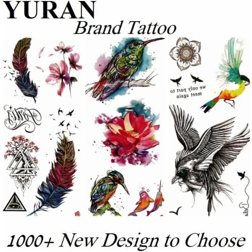 Diy Feather Bird Temporary Tattoos Fake Sticker Hummingbird Watercolor Tattoo Paper Body Arm For Women Girls Men Tatoos Red Rose