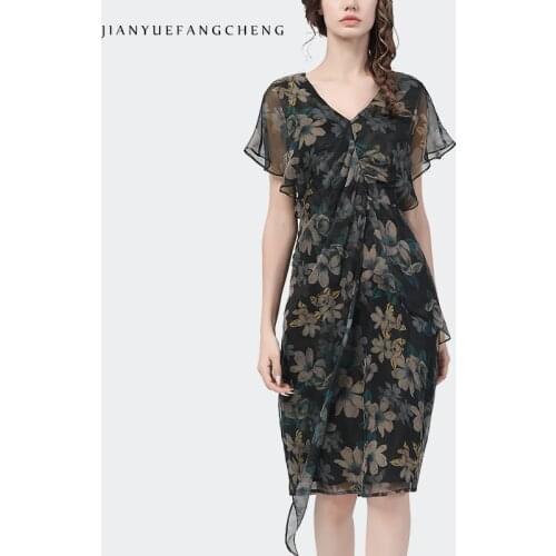 Chiffon Floral Printed Women Summer Pencil Dress Knee-Length Elegant Bodycon Short Sleeve V-Neck Ladies Female Casual Dresses