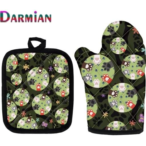 DARMIAN Cute Cat Dog Paw Pattern Kitchen Pad and Glof Cooking Microwave Baking BBQ Oven Potholders Oven Mitts Kitchen Gloves