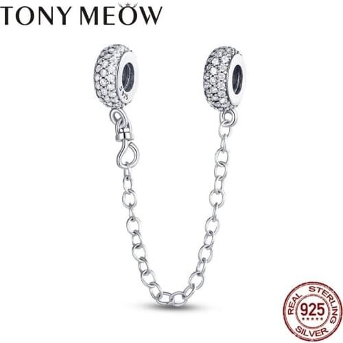 Safety Chain Charm Silver 925 Sterling Silver Sparkling Pave Safety Chain Charm fit Beads Bracelet S925 Jewelry Making Gift