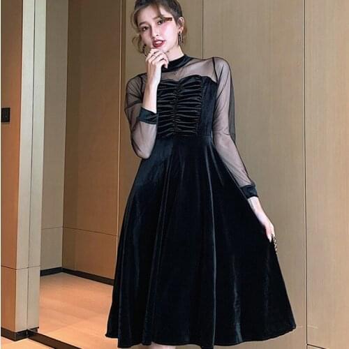 Women 2021 New Year Winter Spring Patchwork Sexy Sheer Mesh French Black Long Elegant Party Velvet Dress 057