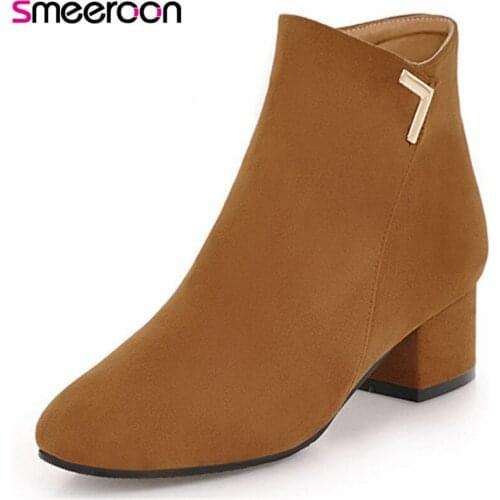 Smeeroon popular autumn winter boots square toe women boots zip med heels ankle boots for women prom shoes big size 34-43
