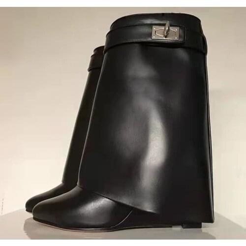 Hot Selling Shark-Lock Fold-Over Bootie Black Brown Leather Wedge Boots Woman Winter Shark Lock Ankle Boot Big Size 10 Shoes