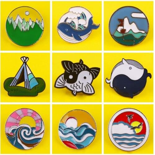 Kanagawa Sea Wave Pin Badge On Clothes Scenery Yin Yang Fish mountain Badges For Backpack Brooch Enamel Pins Lapel Badge Gifts