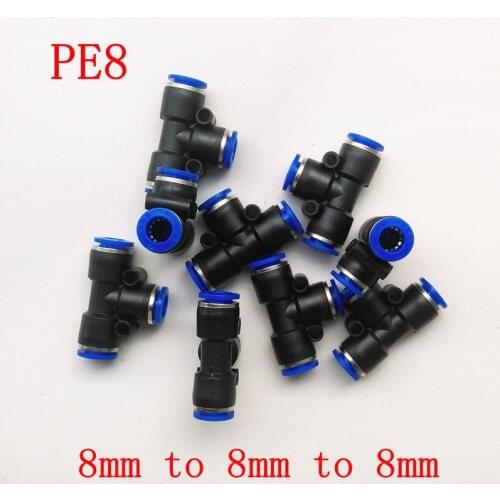10pcs/lot Pneumatic Air Fitting 8mm to 8mm to 8mm T Shape Quick Fitting Connector PE8