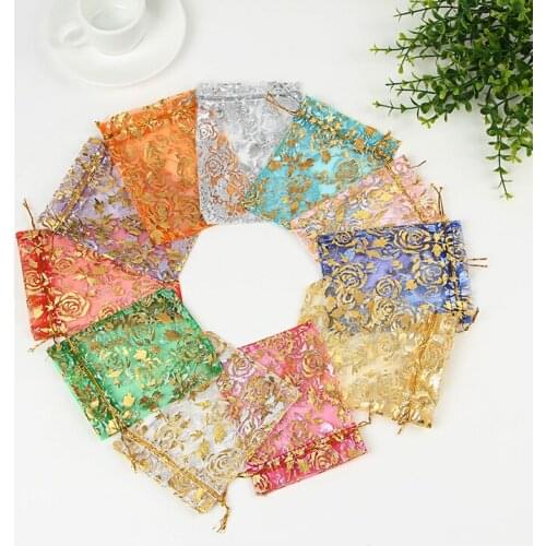 Free Shipping 100pcs/lot Multicolors Organza Bag 20x30cm Rose Design Jewelry Bag Favor Boutique Jewelry Packaging Bags Pouches